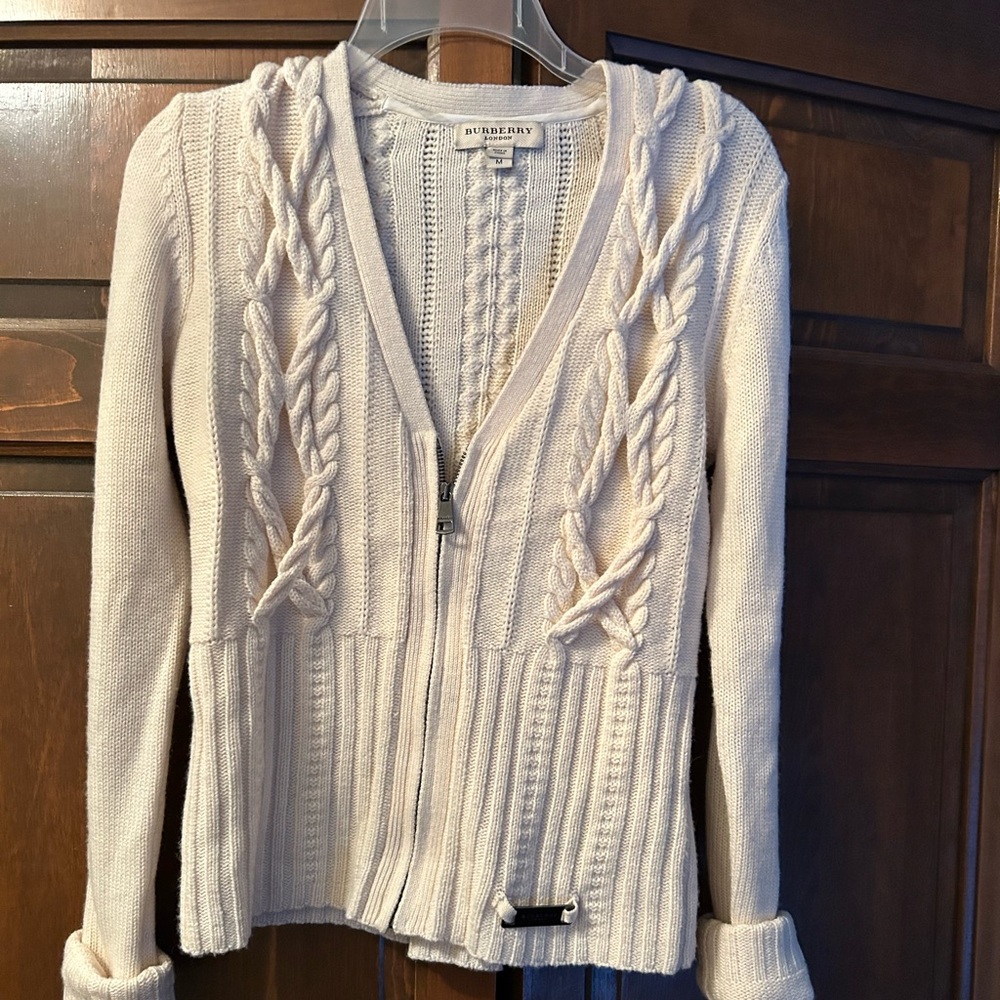Burberry Ivory Cable Knit Women's Cardigan